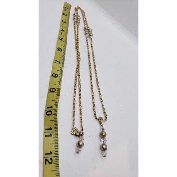 Vintage Gold Tone Chain Necklace Faux Pearl Aurora Borealis Crystal Beads LONG - Picture 11 of 15